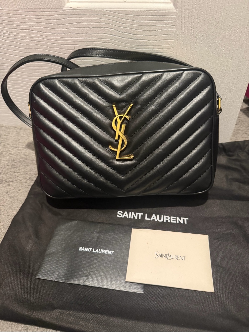 Saint Laurent Black Quilted Leather Camera Crossbody with Gold Logo
